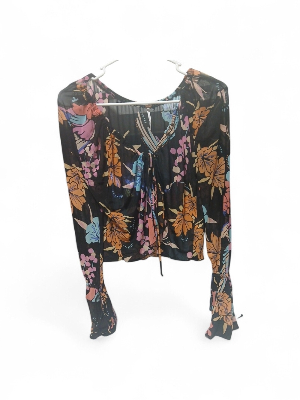 Free People Black Floral Tie-Neck Blouse